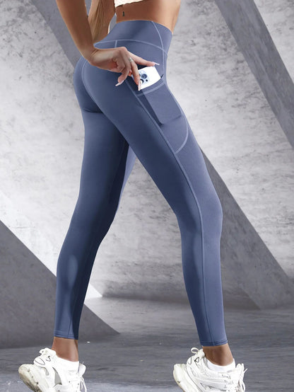New High Waist Women's Leggings Stretch Yoga Pants Tights With Pockets Push Up Fitness Running Sportswear Solid Color Pants