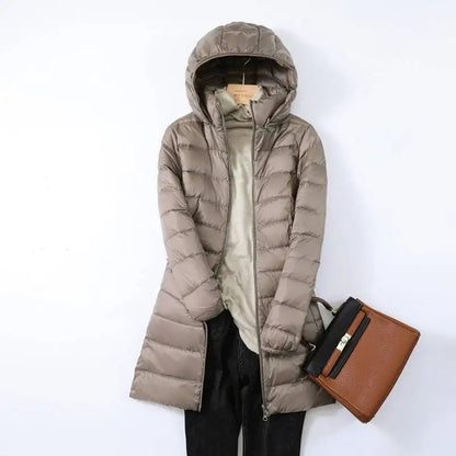 Hoody Long White Duck Down Coat Autumn Winter Portable Hooded Puffer Down Jacket Women Casual Double Zipper Windproof Thin Light