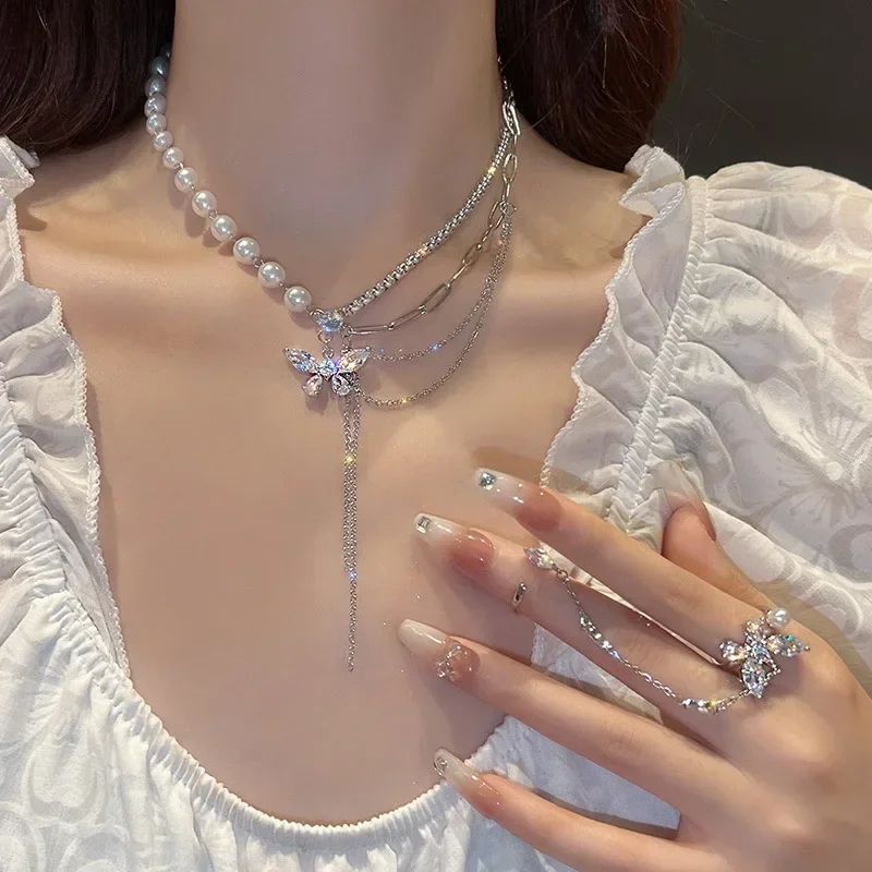 Colar Feminino com Pingente de Gota D'água com Borla em Aço Inoxidável Banhado a Ouro, Estilo Europeu e Americano, Corrente na Clavícula, Joia para Festa