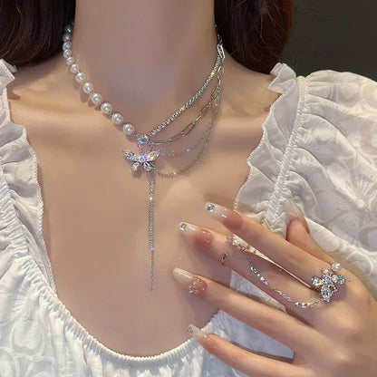 Colar Feminino com Pingente de Gota D'água com Borla em Aço Inoxidável Banhado a Ouro, Estilo Europeu e Americano, Corrente na Clavícula, Joia para Festa