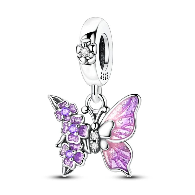Pingente Charm Libélula Tema Primavera Prata Esterlina 925 Borboleta Flor Pendente Compatível com Bracelete Colar Joias DIY