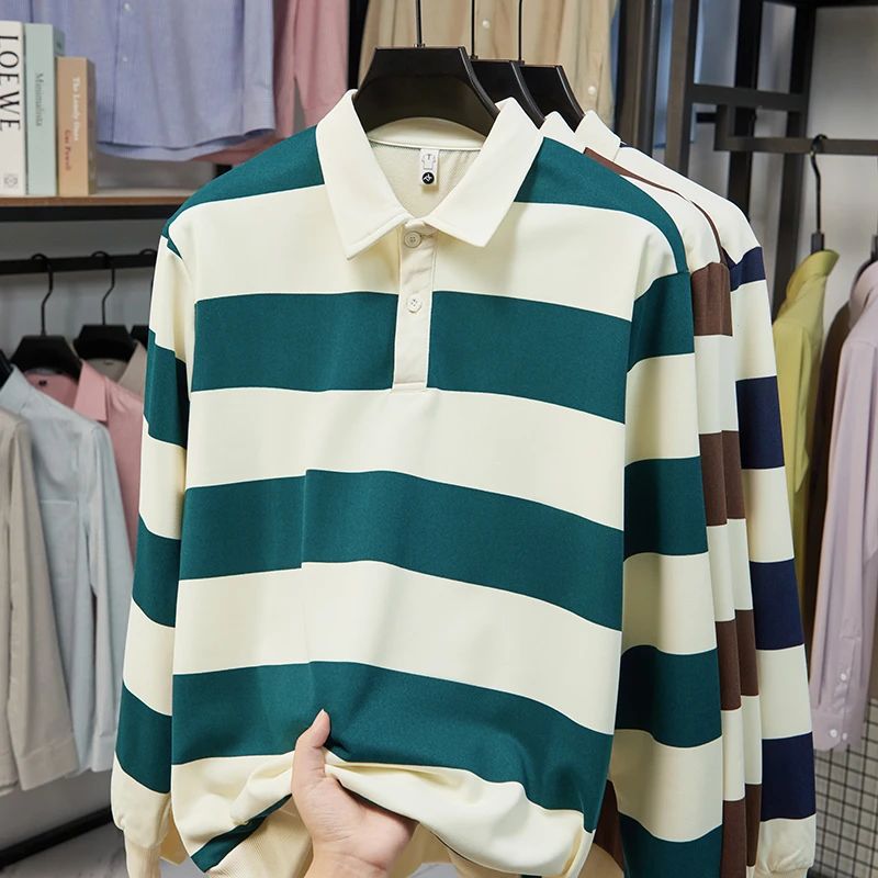 2025 Men's New Striped Long Sleeved Polo Shirt Casual Fashion Autumn Winter Versatile Top