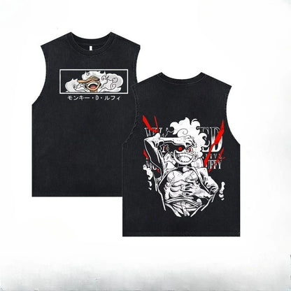 Luffy printed anime fitness vest summer new men s vest Y2k women s washed casual sleeveless shirt streetwear Harajuku