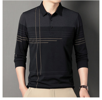 New Men's Polo Shirt Long-sleeved Polos Shirt Lapel Fashion Spring and Autumn Thin Shirt Casual Loose Tops Striped Streetwear