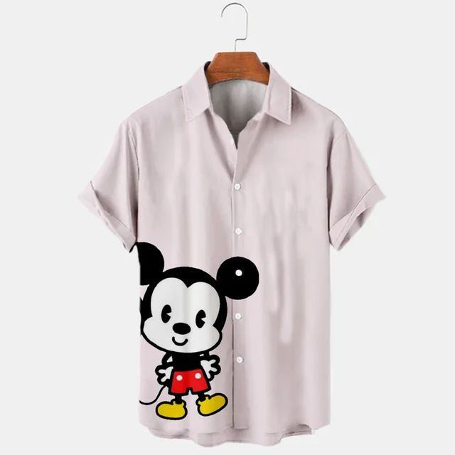 2023 Summer New Men's Casual Trend Fashion Cartoon Mickey Mouse Goofy Needle Harajuku Summer Top Men's Lapel Short Sleeve Shirt