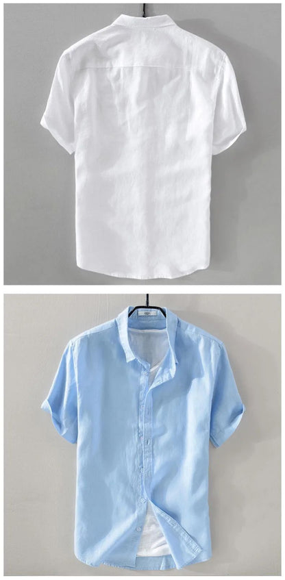 Short Sleeve Linen Shirt Men Simple Casual Retro Loose Style Youth Thin Basic Half Sleeve Cotton Linen Clothing
