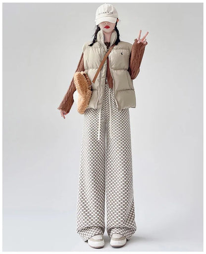 High Waist Wide Leg Pants Women's Autumn Winter New Style Lazy Casual Fleece Woolen Plaid Trousers Fashionable Comfortable