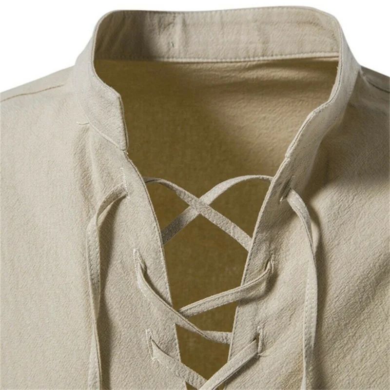 Men's Renaissance Shirt Pirate Medieval Viking Tops Solid Cotton Linen Stand V-neck Shirts Men Long Sleeve Halloween Costume
