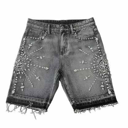Retro Gothic Y2k Sweatpants Oversized Iron Diamond Pattern Denim Shorts for Men Hip Hop Punk Low Waist Gym Shorts Streetwear