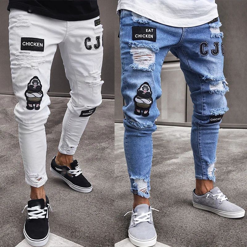 New Style Men's Hip Hop Slim Fit Jeans You And Smooths Your Silhouette Ripped Small Footwear Amazon WISH Badge Plus Size Jeans N