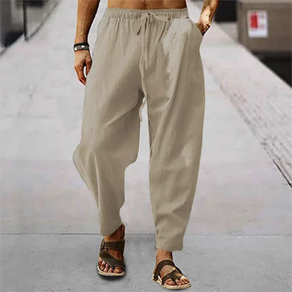2025 Calça Masculina de Algodão e Linho Verão e Outono Cor Sólida Cintura Alta Perna Larga Calça Masculina Solta Cânhamo Casual Respirável Esportiva