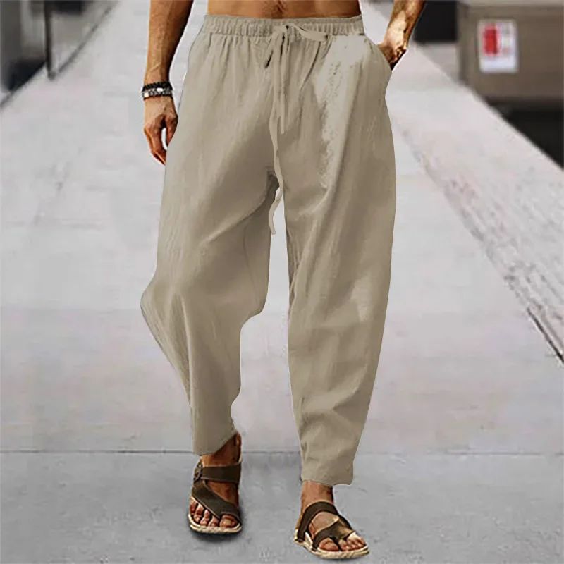 2025 Calça Masculina de Algodão e Linho Verão e Outono Cor Sólida Cintura Alta Perna Larga Calça Masculina Solta Cânhamo Casual Respirável Esportiva