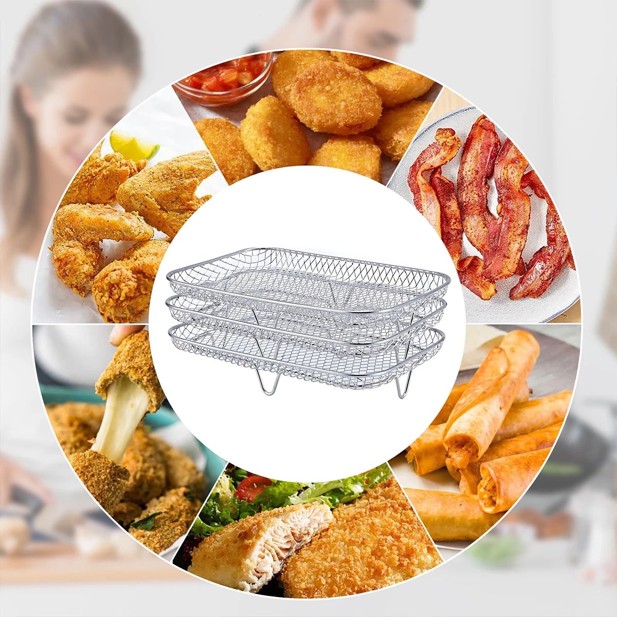 Three stackable air fryer racks made of 304 stainless steel, non stick frying pan and barbecue grill rack, kitchen cooking tools