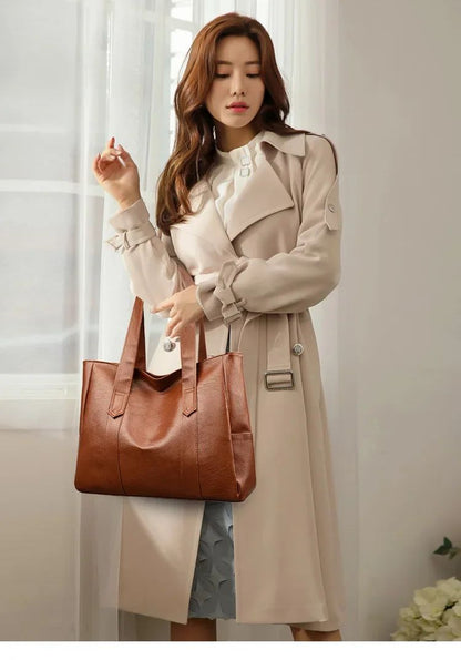 Female Big Soft Leather Satchel Bag Classic Solid Color Simple Casual Large Capacity Tote Single Shoulder Bag Purses and Handbag