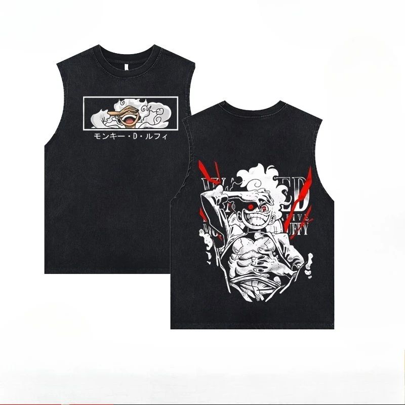 Luffy printed anime fitness vest summer new men s vest Y2k women s washed casual sleeveless shirt streetwear Harajuku