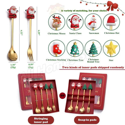 Christmas Cutlery Set Elk Dessert Scoop Fruit Fork Coffee Spoon Stainless Steel Dessert Fork 4/6PCS Christmas Spoons Fork Set