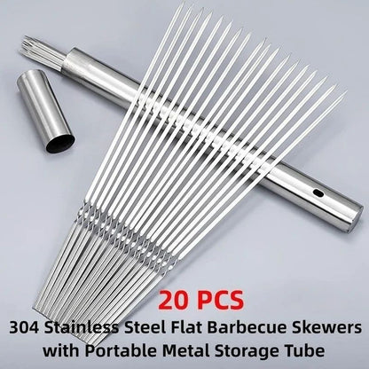 20Pcs Barbecue Skewer with Storage Tube Stainless Steel Reusable Flat BBQ Needle Stick for Outdoor Camping Party BBQ Accessories