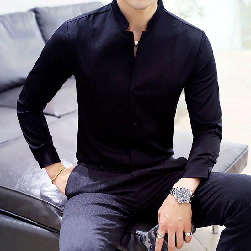 Mens Long Sleeve Shirt Autumn High Quality Stand Collar Casual Slim Solid Color Shirt Oversized Size 5XL Fashion Men Clothing