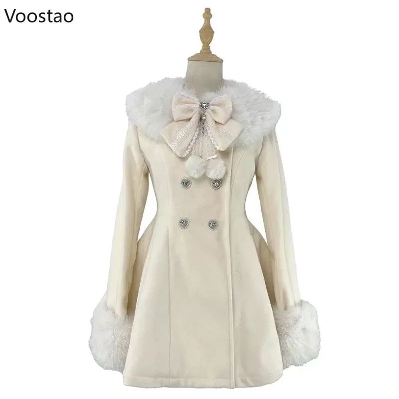 Autumn Winter Japanese Kawaii Lolita Woolen Coat Women Sweet Bow Plush Slim Jacket Female Korean Style Warm Dress Cute Overcoat