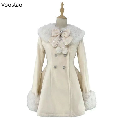 Autumn Winter Japanese Kawaii Lolita Woolen Coat Women Sweet Bow Plush Slim Jacket Female Korean Style Warm Dress Cute Overcoat