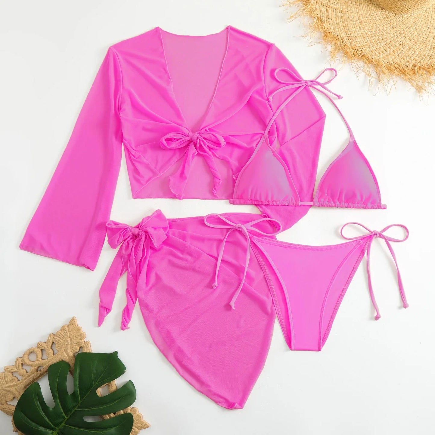 Women Pink Micro Mini String Bikini Sets 4 Pieces with Mesh Cover Tops and Skirt Swimsuit Bathing Suit Beach Outfits Biquini