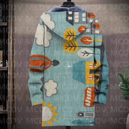 Men's Retro Flower Print Plush Thick Long-Sleeved Coat Fleece Hooded Overcoat Unisex Thick Warm Jacket-12 style