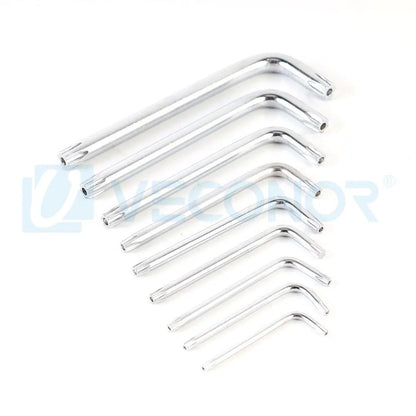 Conjunto de 9 Chaves Torx Allen Estrela de Braço Curto Métricas Duráveis em Aço Cromo Vanádio T10 T15 T20 T25 T27 T30 T40 T45 T50