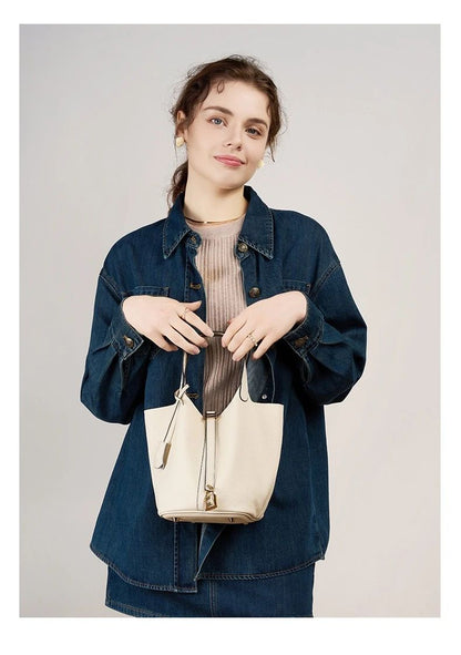 Genuine Leather Shoulder Bucket Bag Women Litchi Pattern Mini Basket Tote Soft Handbag Mommy Bride Wedding Bags with Lock