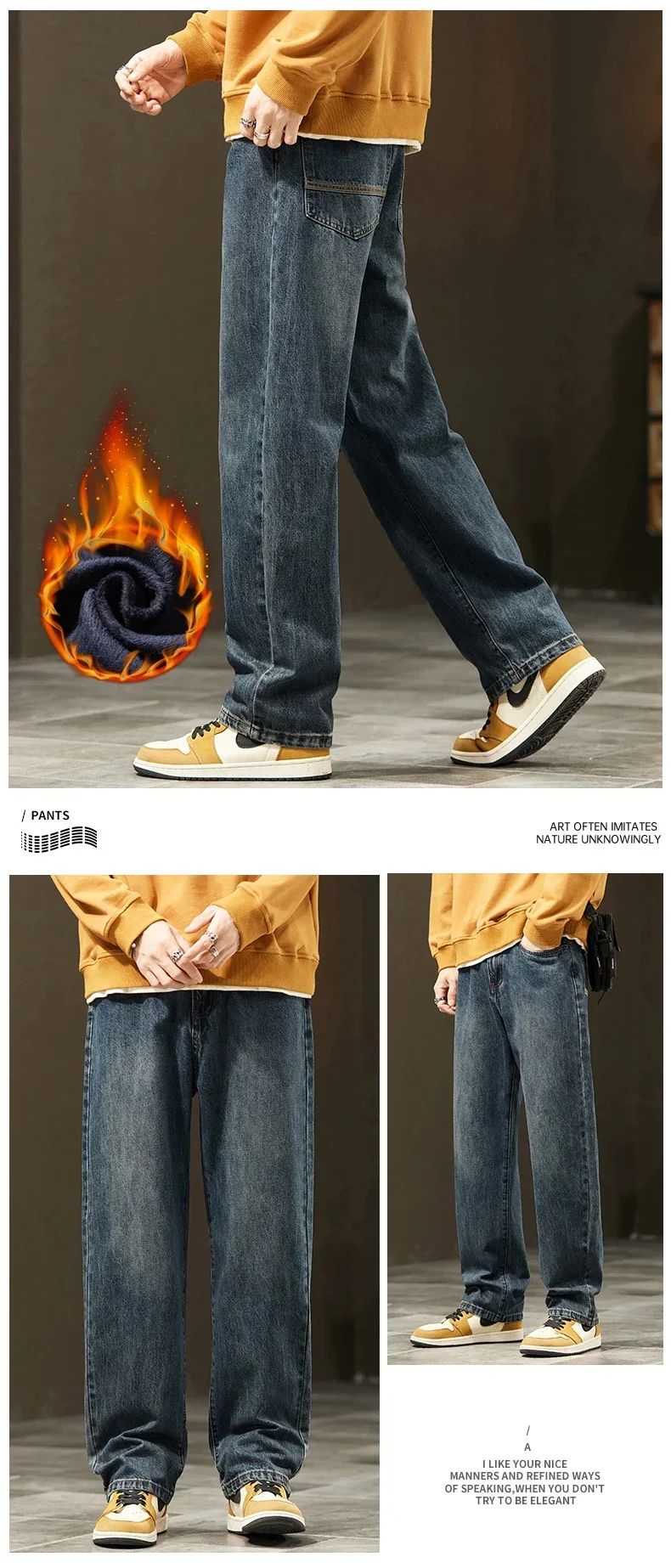 Thick Vintage Jeans Men's Winter Straight Warm Fleece Baggy Thermal Denim Trousers Fashion Korean Wide Male Plush Pants