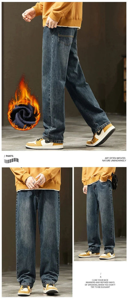 Thick Vintage Jeans Men's Winter Straight Warm Fleece Baggy Thermal Denim Trousers Fashion Korean Wide Male Plush Pants