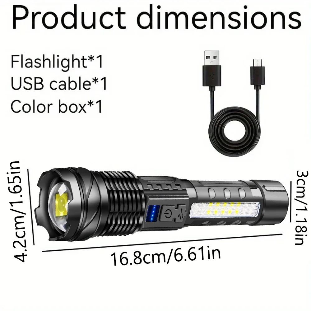 High Power LED Flashlight Powerful USB Rechargeable Zoomable Flashlight with COB Side Light Torch for Outdoor Camping Hiking