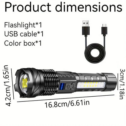 High Power LED Flashlight Powerful USB Rechargeable Zoomable Flashlight with COB Side Light Torch for Outdoor Camping Hiking