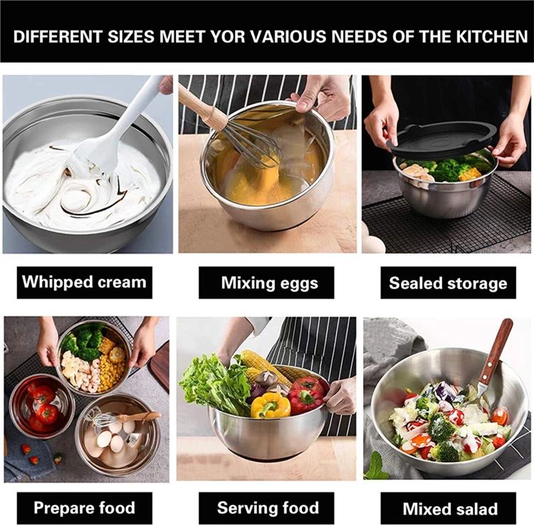 Silicone base thickened with lid cooking basin anti slip salad mixing bowl stainless steel egg beater bowl for kitchen baking
