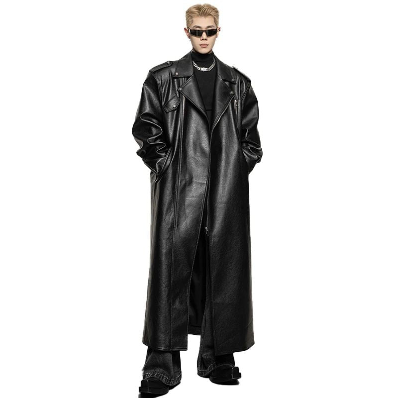 Mauroicardi Spring Autumn Oversized Cool Extra Long Black Pu Leather Trench Coat Men Zipper Loose Luxury European Fashion 2023