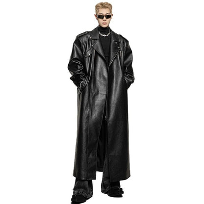 Mauroicardi Spring Autumn Oversized Cool Extra Long Black Pu Leather Trench Coat Men Zipper Loose Luxury European Fashion 2023