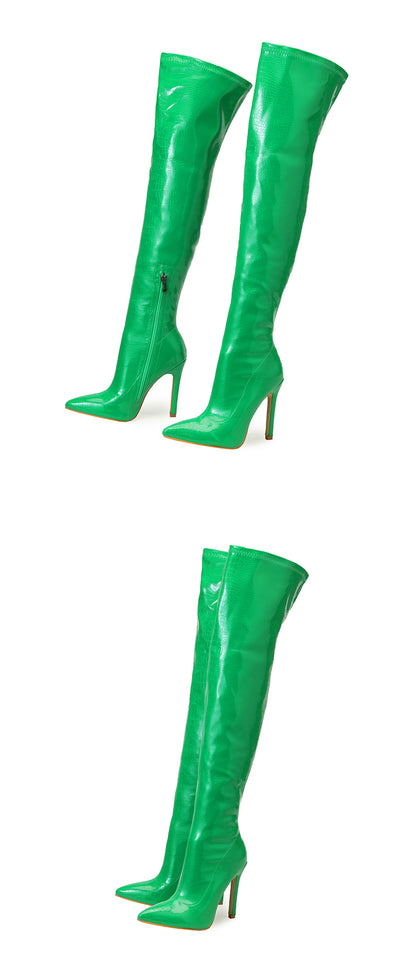 Aneikeh White Sexy Over-the-Knee Side Zipper Slip-On Pointed Toe Shoes NEW Fashion Striped Thin Heels Ladies Boots 2025 Spring