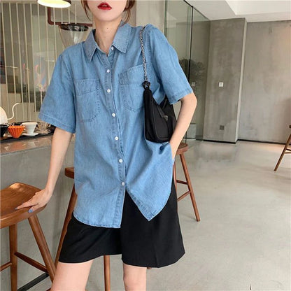 Summer Korean Denim Short Sleeve Shirt Women 2025 Pockets Loose Turn Down Colllar Shirts Woman Chic Single Breasted Jeans Blouse