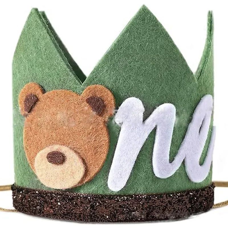 Cartoon Bear One Year Old Crown Baby Jungle Safari 1st Birthday Pink Brown Bear Crown Boy Girl First Birthday Party Decor Hat