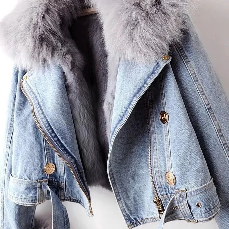 Women Faux Fox Fur Collar Jean Coat Winter Denim Jacket Female Short Warm Parkas Rabbit Hair Lining Outwear Fashion Overcoat