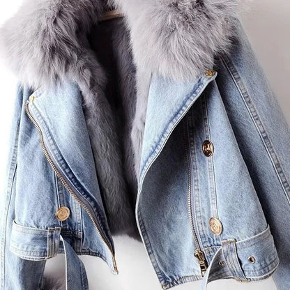 Women Faux Fox Fur Collar Jean Coat Winter Denim Jacket Female Short Warm Parkas Rabbit Hair Lining Outwear Fashion Overcoat