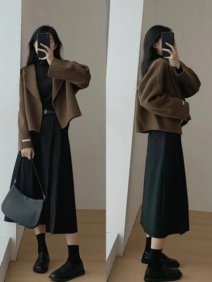 Hebe Style Short Thickened Double-Faced Cashmere Woolen Coat Women's Autumn Winter Fashion Small Size Suit Elegant Feel