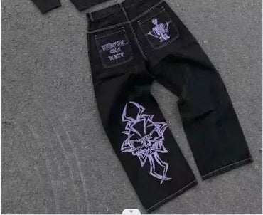 NEWVintage Retro Gothic Grim Reaper Cartoon Printed Graphic Jeans Man and Woman     Hip Hop Low Waist Wide Leg Trousers Clothing