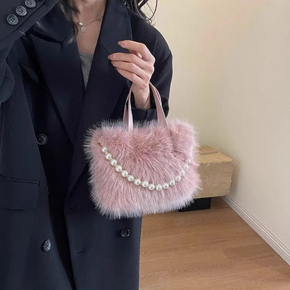 Winter Fashion Faux Fur Crossbody Bags for Women's Gift, Pearl Chain Decor Shoulder Bag, Ladies Handbags Top-handel Bag