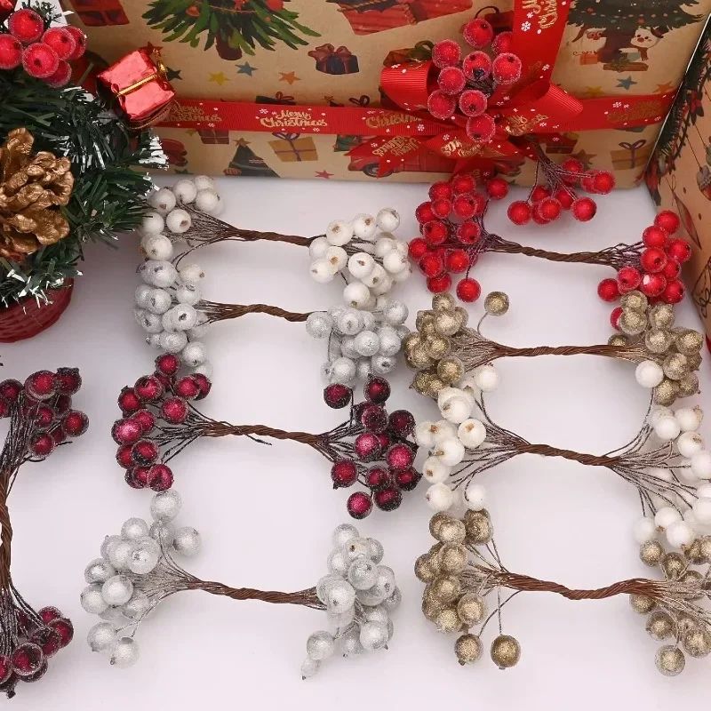 Wholesale Artificial Frosted Berry Mini Double Head Christmas Holly Red Gold Silver Berries Flowers Wreath Xmas Party Decoration