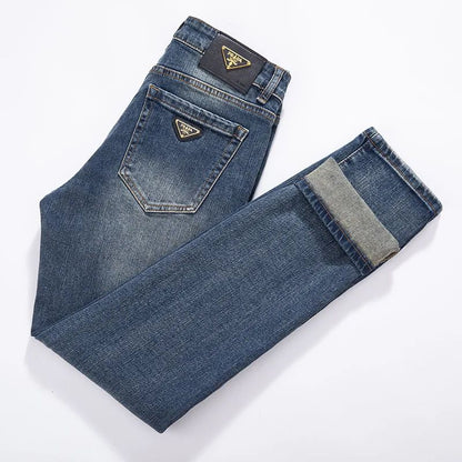 Milão Qualidade Premium Europeia Outono/Inverno Calças Jeans Masculinas Emagrecem Sua Silhueta Solta Reta Elástica Vintage