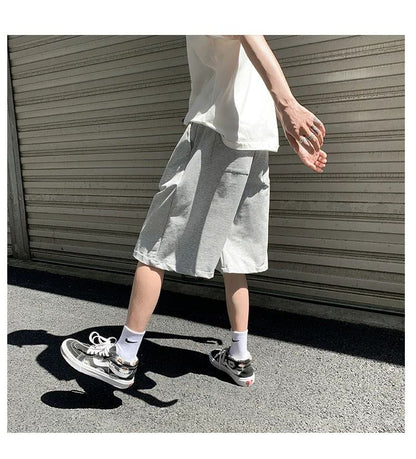 Summer New Y2K Solid Color Cotton Loose Men's Sports Pants Shorts Street Wear Simple Drawstring Straight Casual Shorts Male