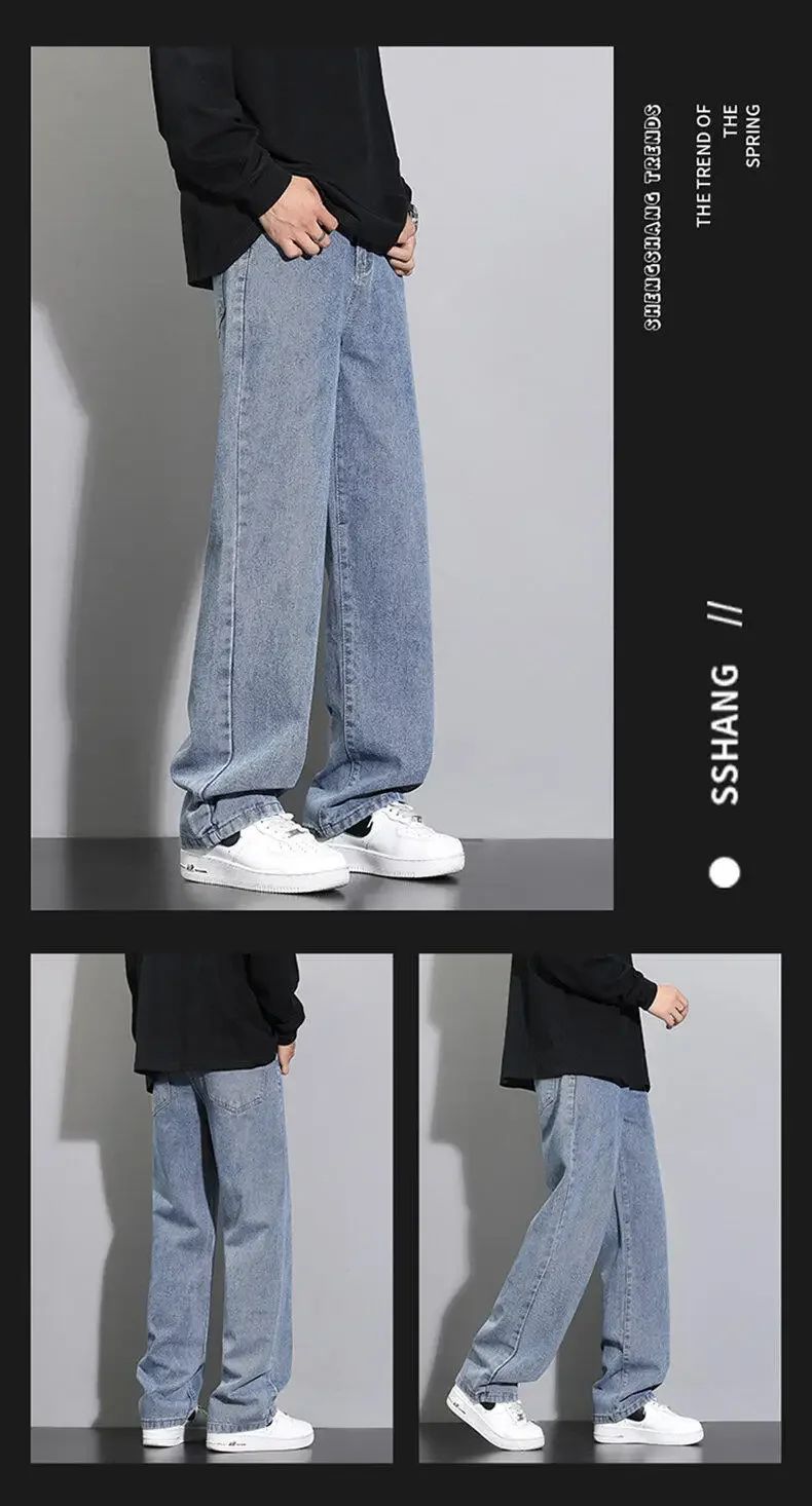 2025 Calças Jeans Casuais Masculinas Coreanas Novas Retas Longas Perna Larga Jeans Cor Sólida Azul Claro Cinza Preto