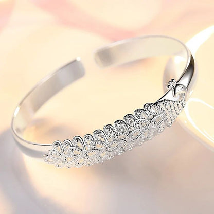 Pulseira Feminina Pavão Vazado de Prata Esterlina 925 Textura de Luxo Aberta Presente de Joias Originais para Festa