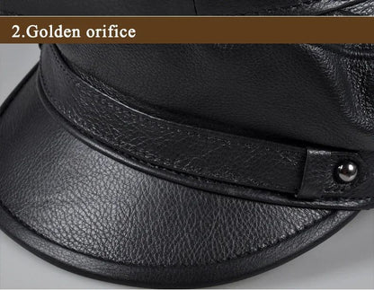 Chapéus Masculinos/Femininos de Inverno em Couro Genuíno Azul-Marinho Unissex Europeu/Americano Streetwear Bonés Pretos Ajustados com Cinto Outdoor Gorro
