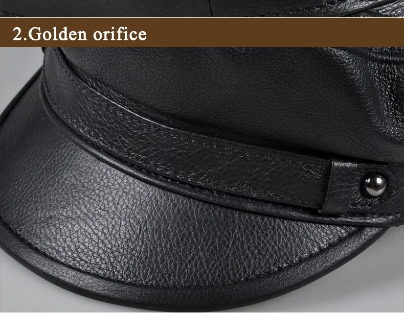 Chapéus Masculinos/Femininos de Inverno em Couro Genuíno Azul-Marinho Unissex Europeu/Americano Streetwear Bonés Pretos Ajustados com Cinto Outdoor Gorro
